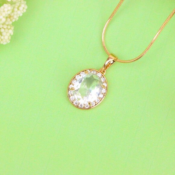 "Oval White Pendant with Crystal Halo in Elegant Rose Gold Plating, XPPT1621 - Picture 2 of 13